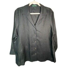 RALPH LAUREN Women’s 100% Linen 3/4 Sleeve Button Up Black Top Plus Size XL